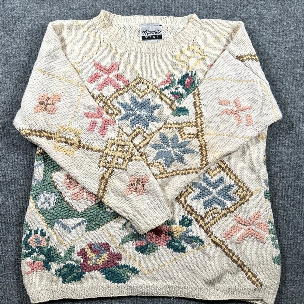 Marnie West Sweater Womens Size M Cream Hand Knit Floral Ramie Cotton Vintage